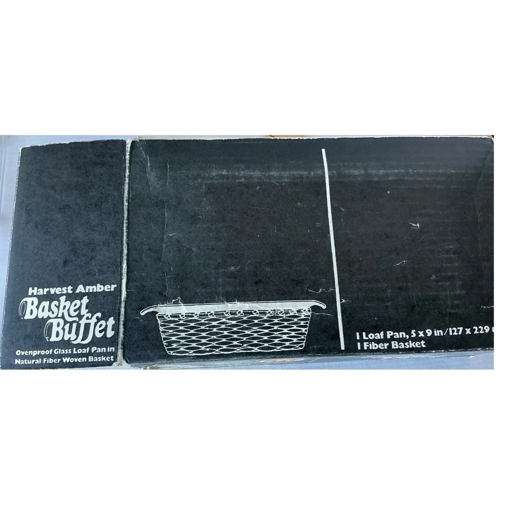 Anchor Hocking Vintage Harvest Amber Glass Loaf Pan with Woven Basket 5x9 1.5 Qt